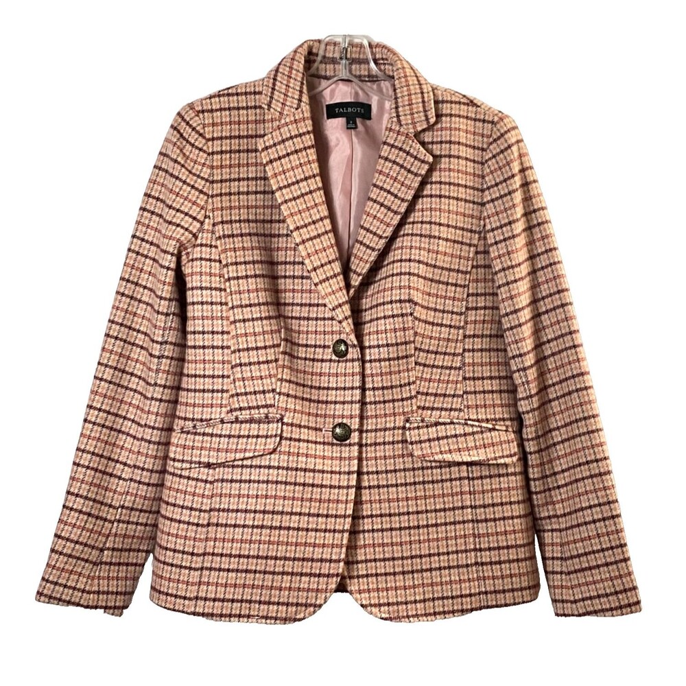 Talbots Plaid Wool Blend Blazer Womens Size 2 Multicolor Pink Two Button
